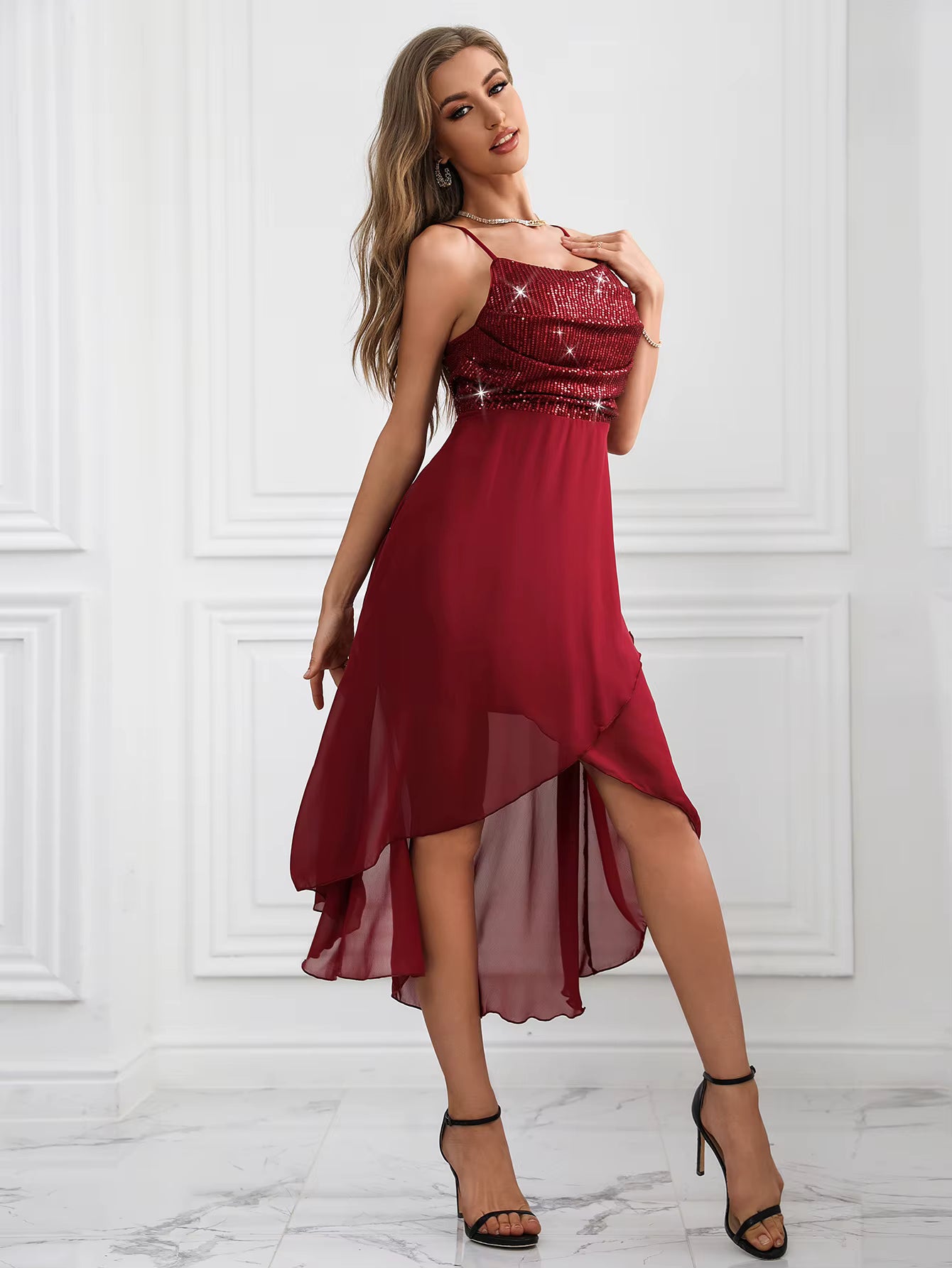 Elegant Sequin synthetic fiber Mid-Calf Spaghetti Strap Dresses