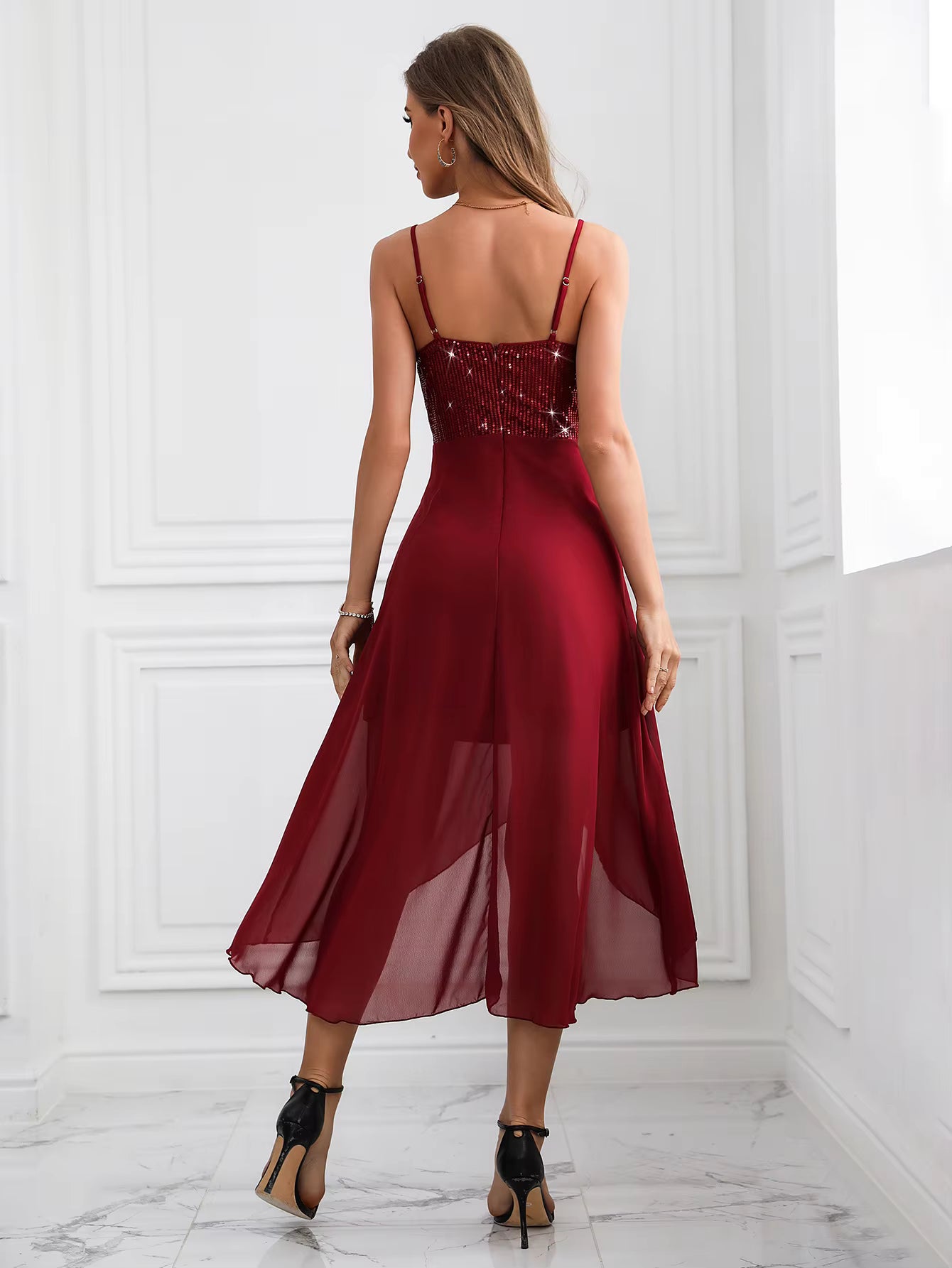 Elegant Sequin synthetic fiber Mid-Calf Spaghetti Strap Dresses