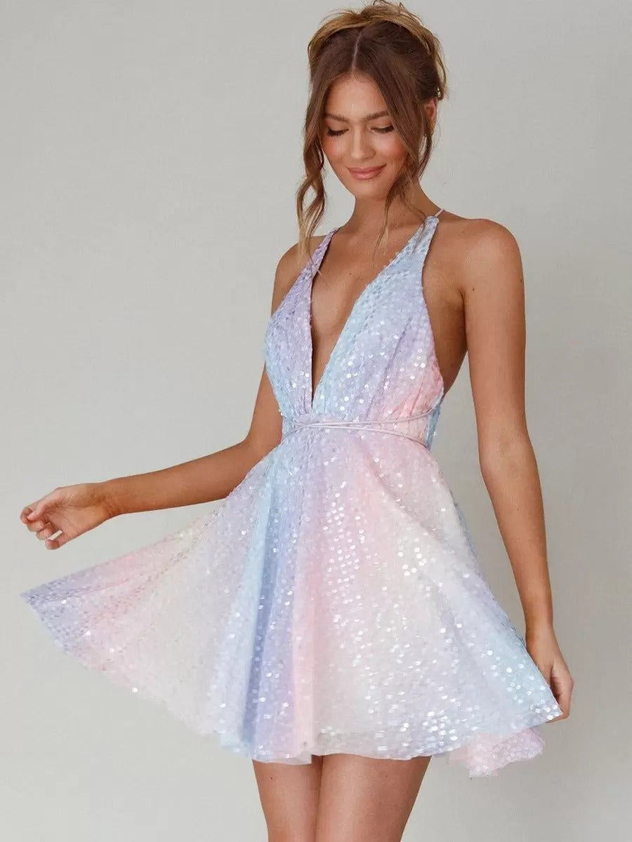 Elegant Sequined Halter Glitter Short Swing Mini Dress