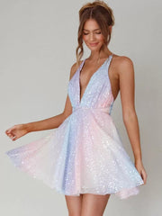 Elegant Sequined Halter Glitter Short Swing Mini Dress