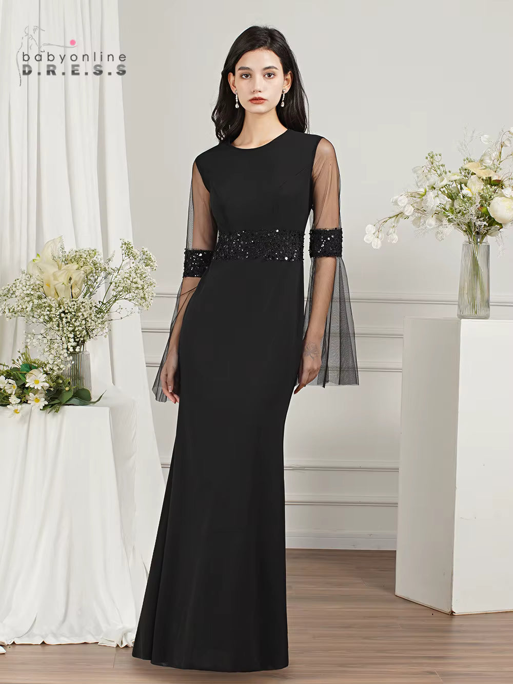 Elegant Sequined O-Neck Mermaid Long Sleeves Prom Formal Evening Maxi Dress