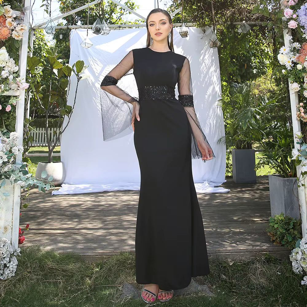 Elegant Sequined O-Neck Mermaid Long Sleeves Prom Formal Evening Maxi Dress