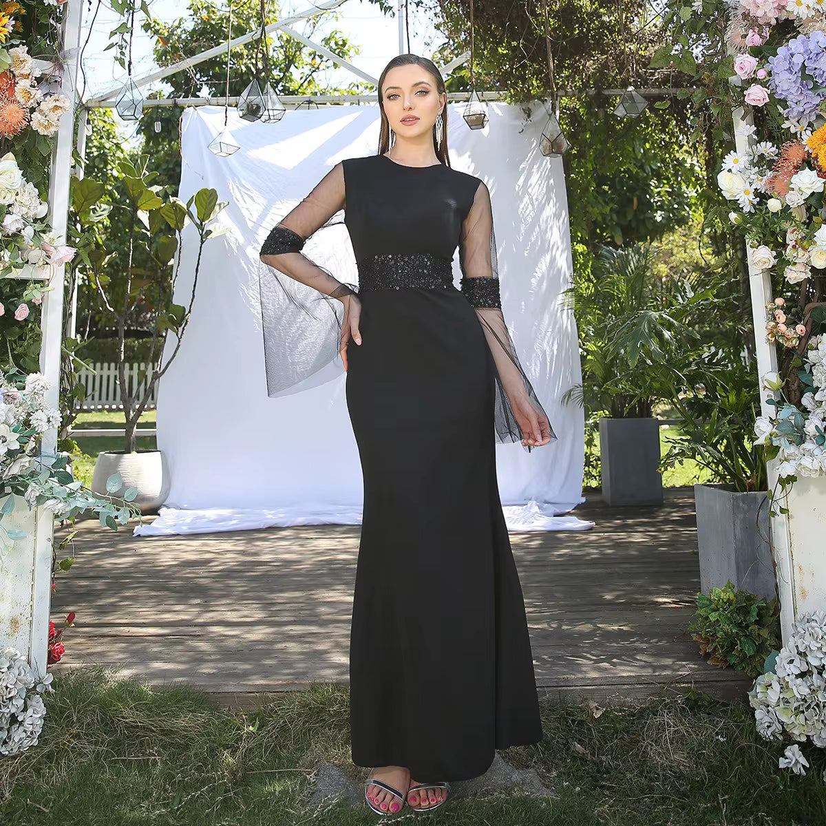 Elegant Sequined O-Neck Mermaid Long Sleeves Prom Formal Evening Maxi Dress