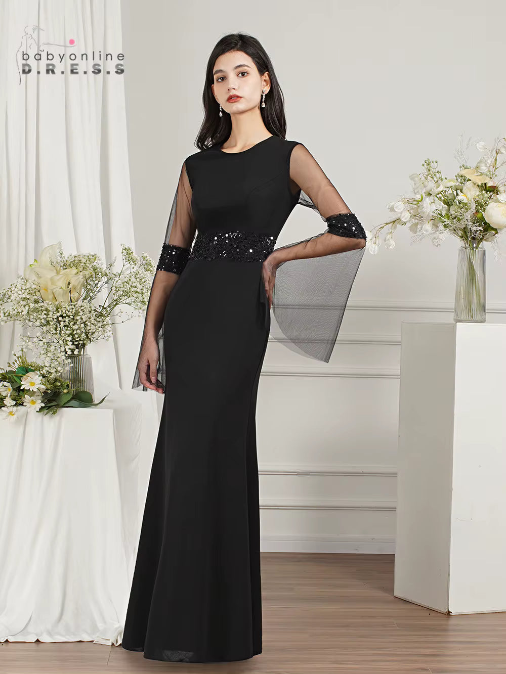 Elegant Sequined O-Neck Mermaid Long Sleeves Prom Formal Evening Maxi Dress