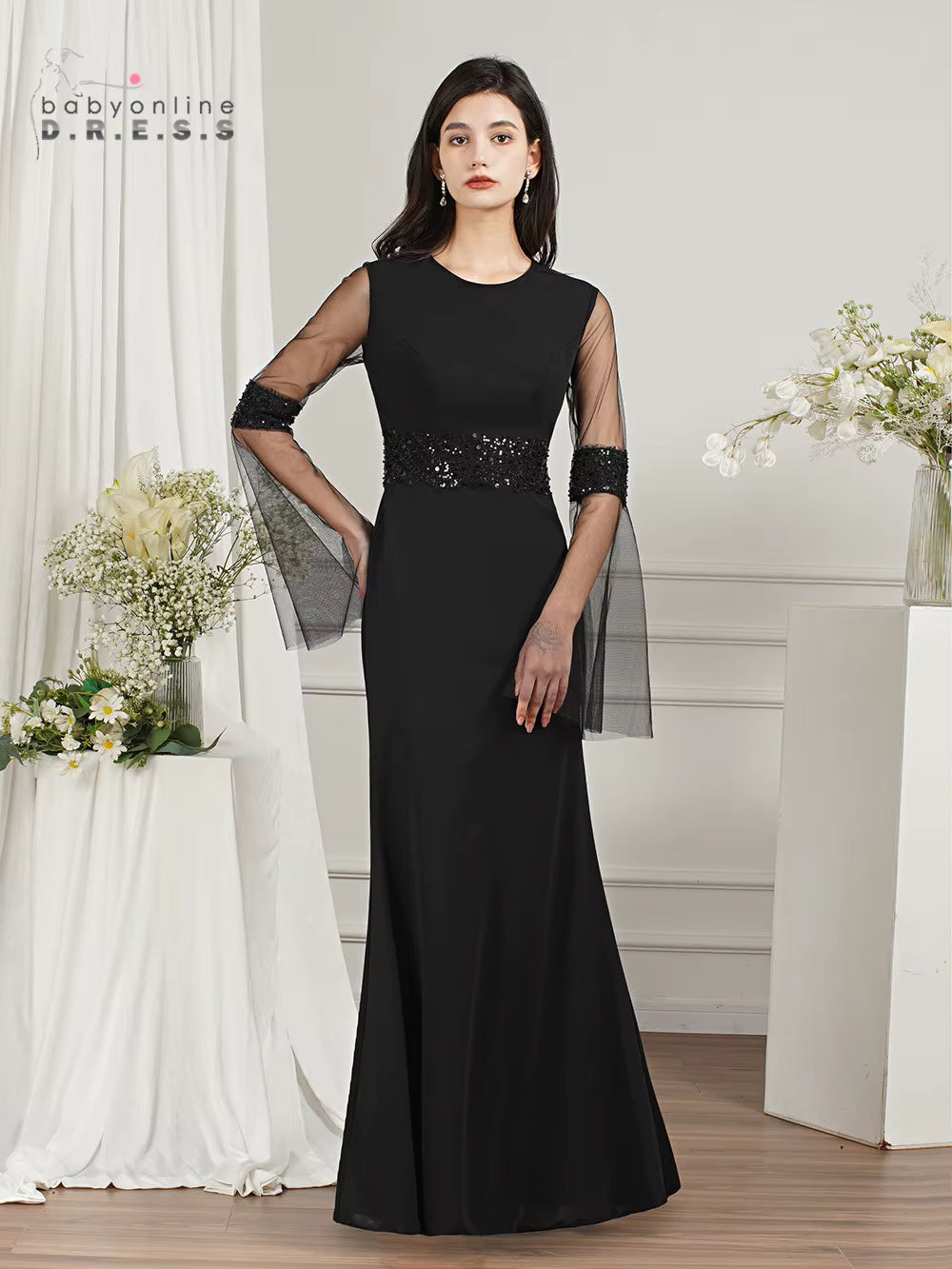Elegant Sequined O-Neck Mermaid Long Sleeves Prom Formal Evening Maxi Dress