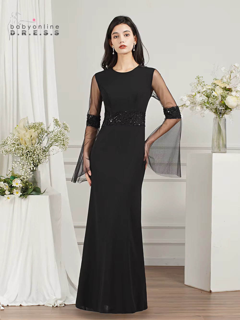 Elegant Sequined O-Neck Mermaid Long Sleeves Prom Formal Evening Maxi Dress
