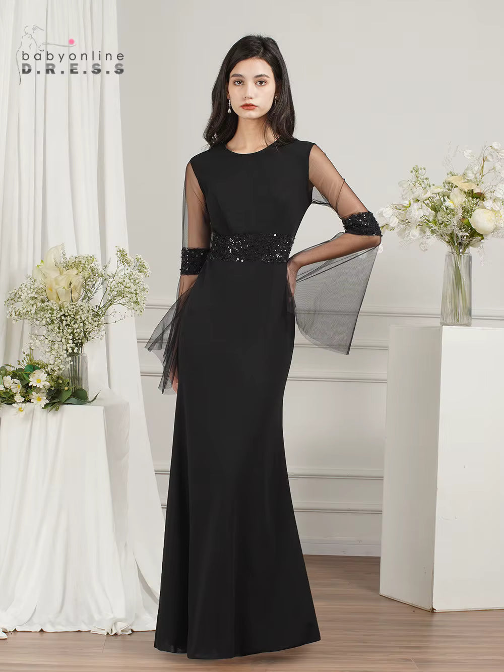 Elegant Sequined O-Neck Mermaid Long Sleeves Prom Formal Evening Maxi Dress