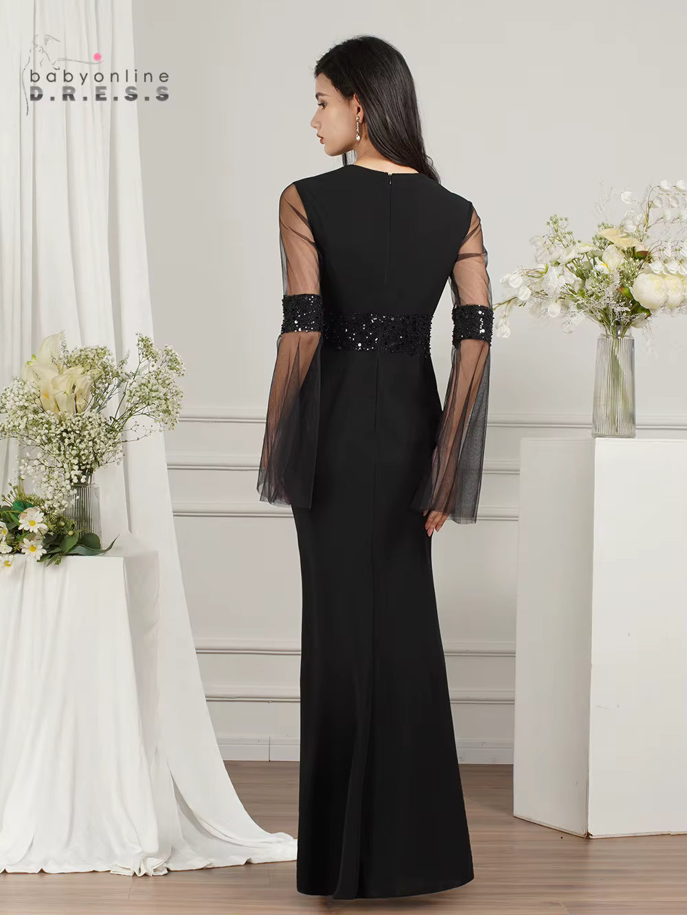 Elegant Sequined O-Neck Mermaid Long Sleeves Prom Formal Evening Maxi Dress