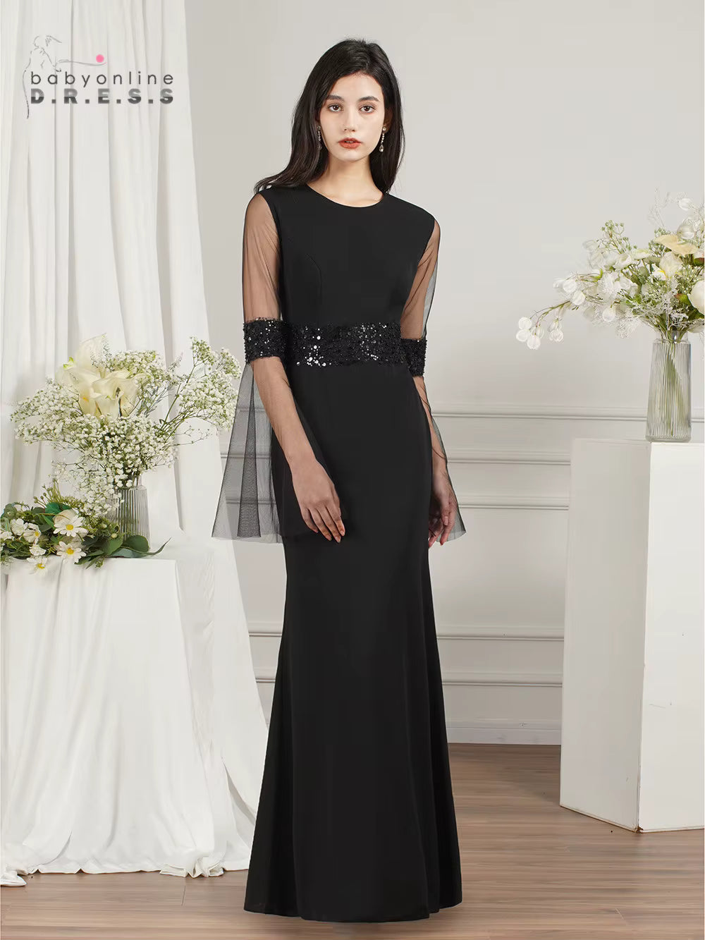 Elegant Sequined O-Neck Mermaid Long Sleeves Prom Formal Evening Maxi Dress