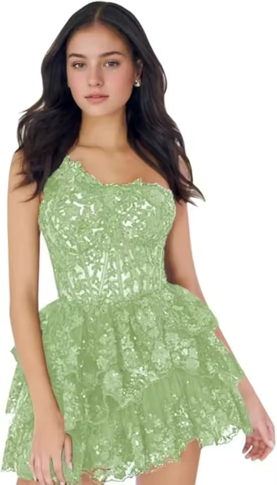 Elegant Sequined One Shoulder Sparkly Lace Applique Homecoming Ruffle Tiered Bodycon Mini Dresses