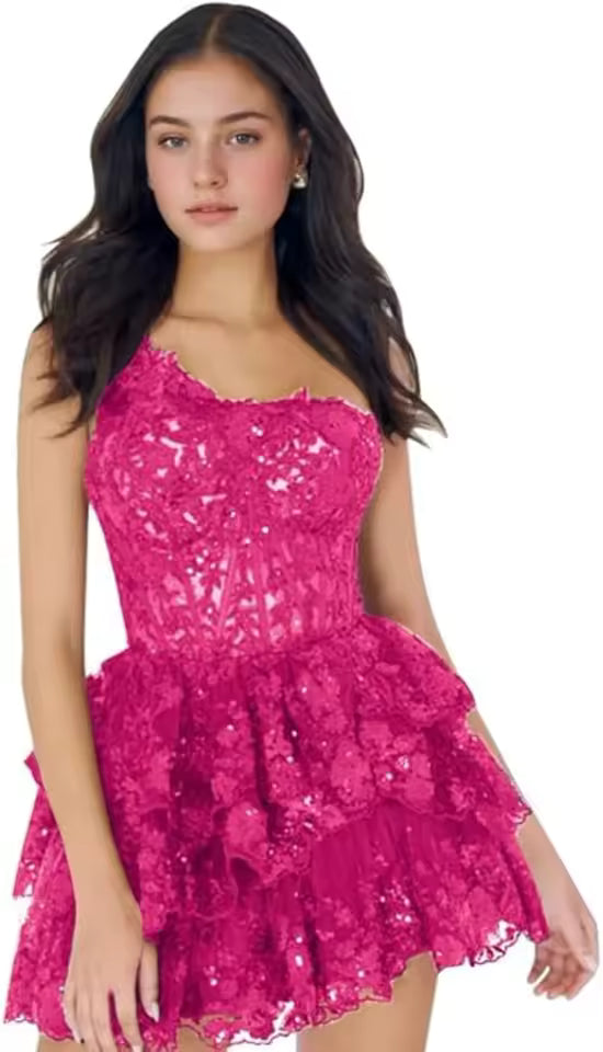 Elegant Sequined One Shoulder Sparkly Lace Applique Homecoming Ruffle Tiered Bodycon Mini Dresses