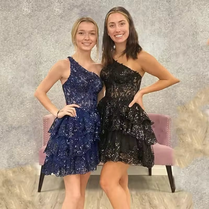 Elegant Sequined One Shoulder Sparkly Lace Applique Homecoming Ruffle Tiered Bodycon Mini Dresses