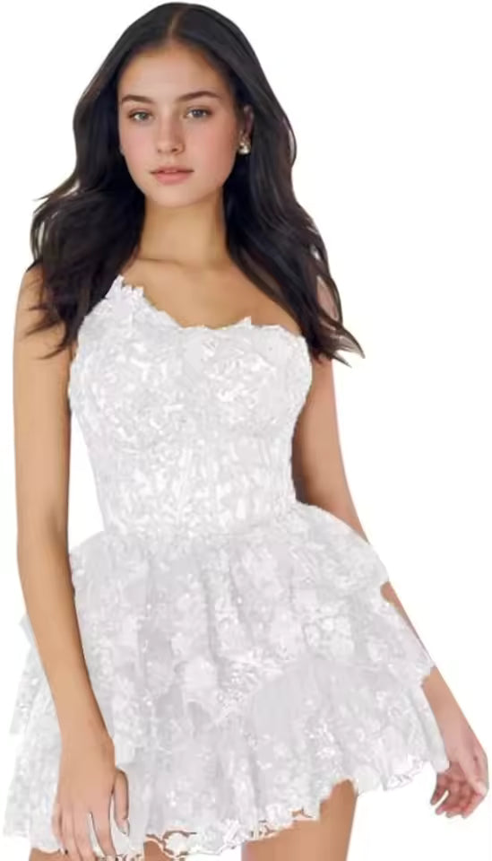 Elegant Sequined One Shoulder Sparkly Lace Applique Homecoming Ruffle Tiered Bodycon Mini Dresses