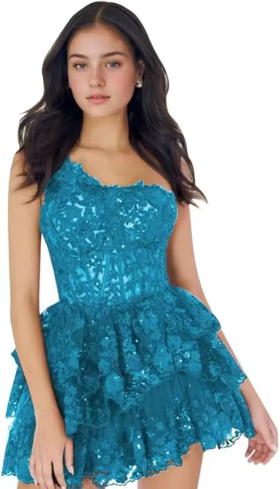 Elegant Sequined One Shoulder Sparkly Lace Applique Homecoming Ruffle Tiered Bodycon Mini Dresses