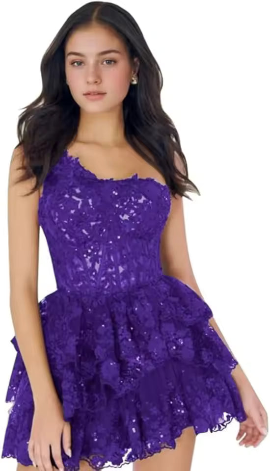 Elegant Sequined One Shoulder Sparkly Lace Applique Homecoming Ruffle Tiered Bodycon Mini Dresses