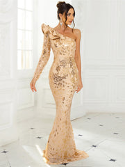 Elegant Sequined Ruffle One Shoulder Floor Length Long Sleeve Event Evening Maxi Dress