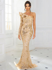 Elegant Sequined Ruffle One Shoulder Floor Length Long Sleeve Event Evening Maxi Dress