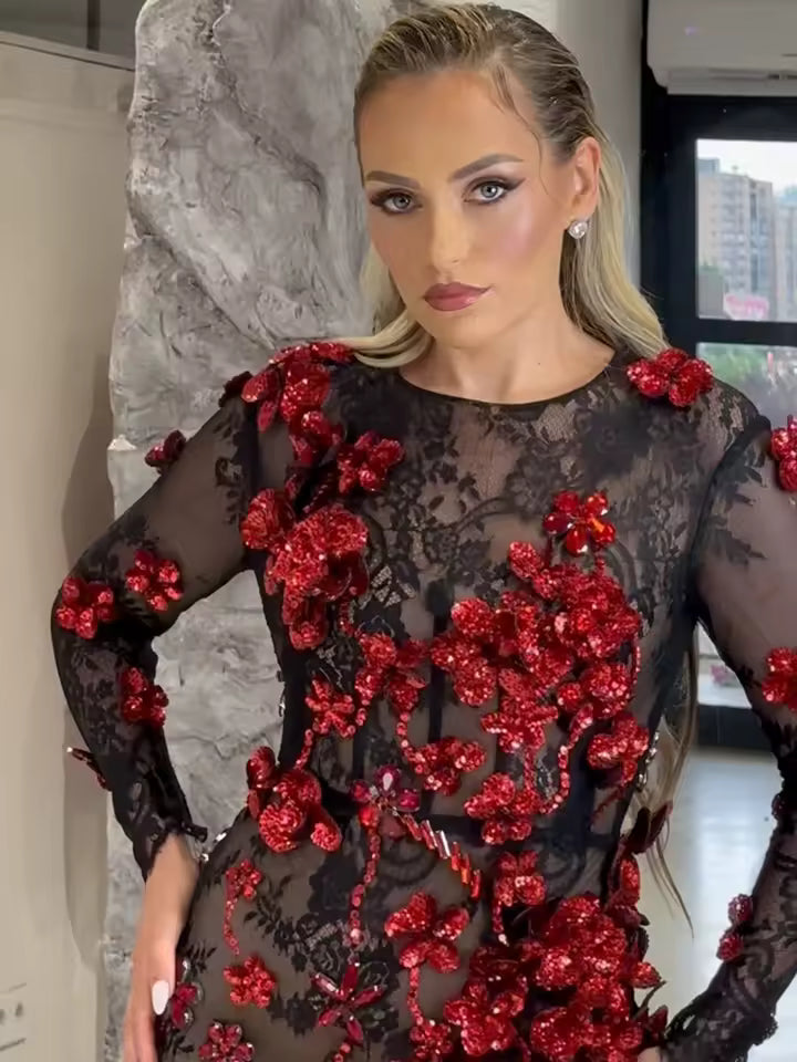 Elegant Sequins 3D Structured Flowers Mesh Maxi Long Bodycon Dress