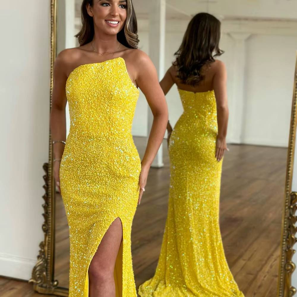 Elegant Sequins Feathers Mermaid Strapless Robes Floor-Length Side Slit Maxi Dress