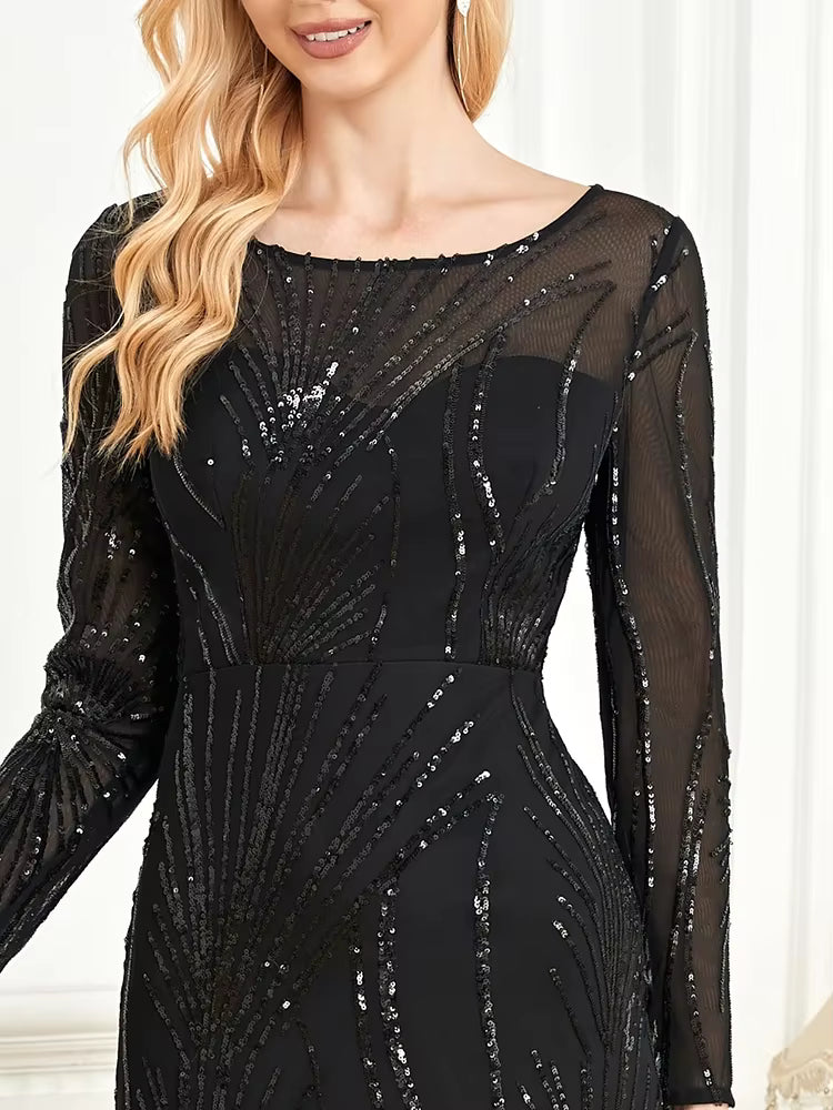 Elegant Sequins Long Sleeves Floor-Length Maxi Prom Dress