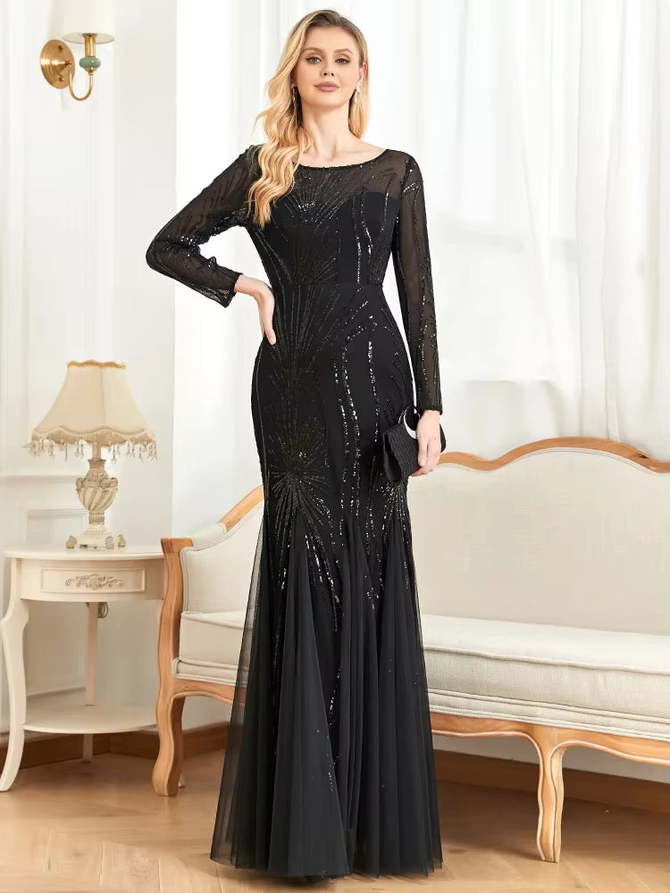 Elegant Sequins Long Sleeves Floor-Length Maxi Prom Dress