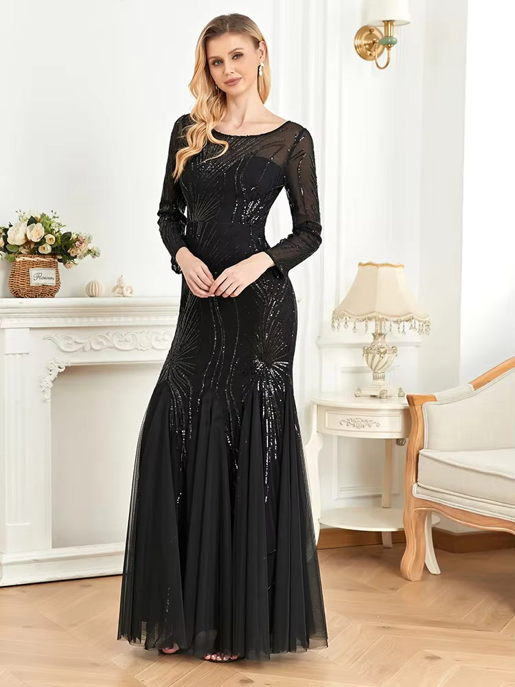 Elegant Sequins Long Sleeves Floor-Length Maxi Prom Dress