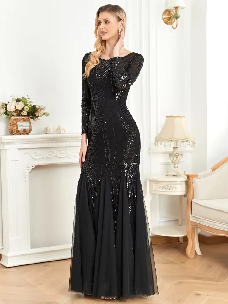 Elegant Sequins Long Sleeves Floor-Length Maxi Prom Dress