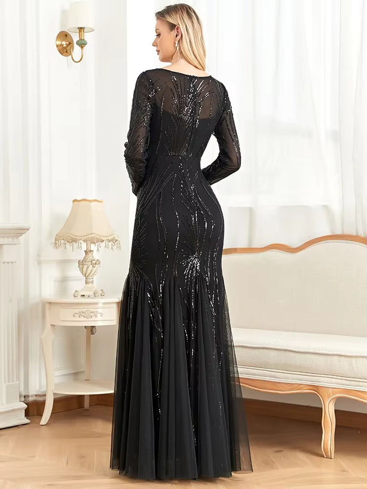 Elegant Sequins Long Sleeves Floor-Length Maxi Prom Dress