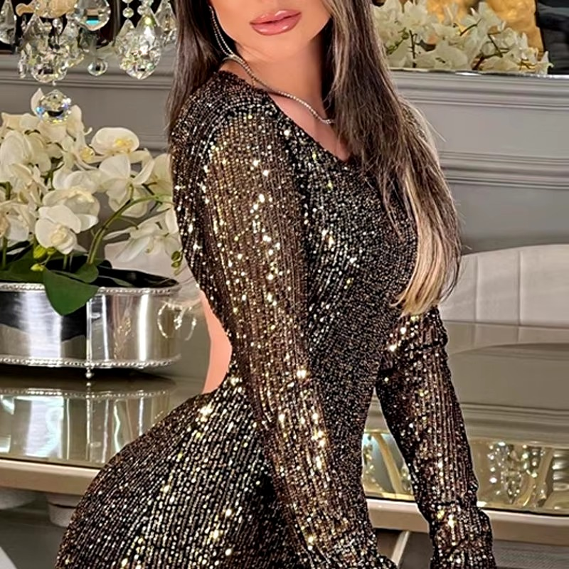 Elegant Sequins Long Sleeves Lace Up Backless Bodycon Mini Dress