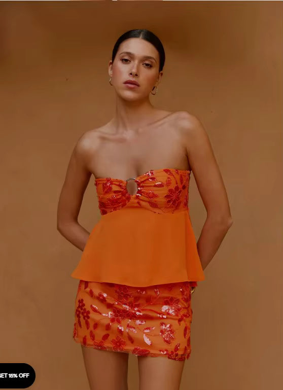 Elegant Sequins Mesh Puff Hem Strapless Tank Top High Skirt Suit  Tops Set