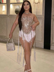 Elegant Sequins Shining Diamonds Long Tassel Sleeveless Evening Mini Dress