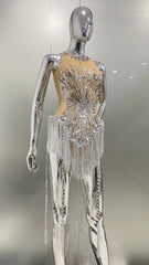 Elegant Sequins Shining Diamonds Long Tassel Sleeveless Evening Mini Dress