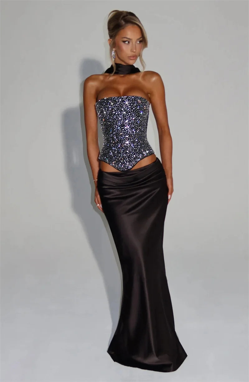Elegant Sequins Sparkle Scarf Collar Crop Tops And Maxi Skirt Club Party Satin Skirt Matching Set
