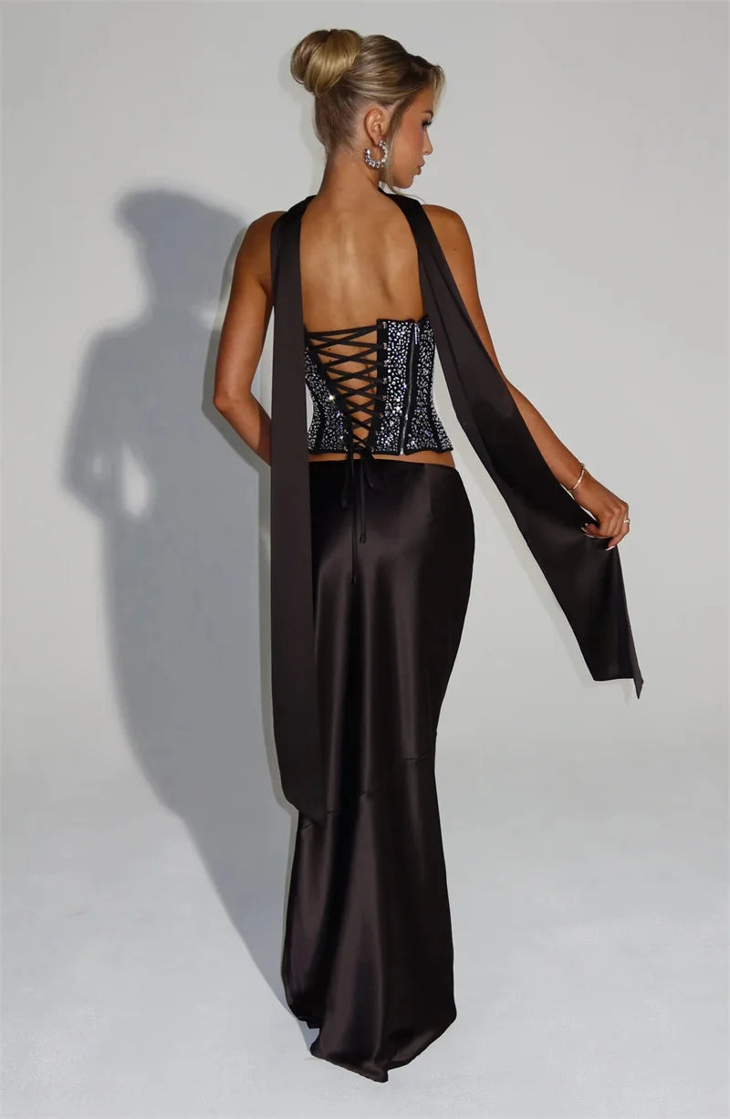 Elegant Sequins Sparkle Scarf Collar Crop Tops And Maxi Skirt Club Party Satin Skirt Matching Set