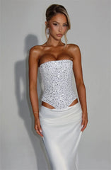Elegant Sequins Sparkle Scarf Collar Crop Tops And Maxi Skirt Club Party Satin Skirt Matching Set