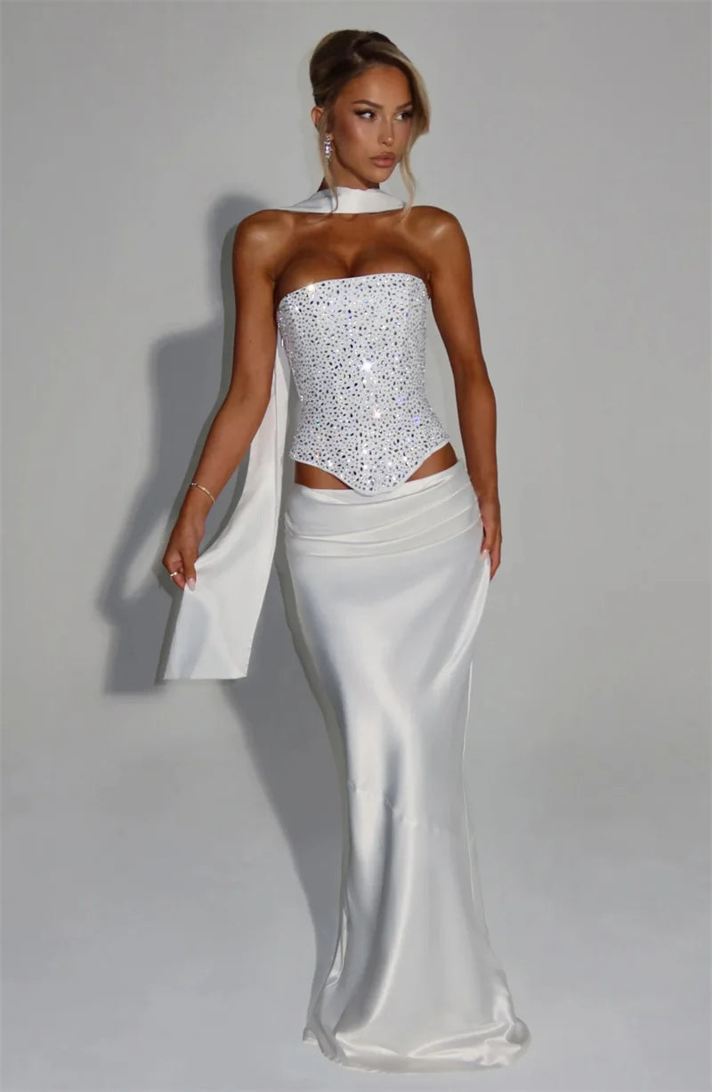 Elegant Sequins Sparkle Scarf Collar Crop Tops And Maxi Skirt Club Party Satin Skirt Matching Set