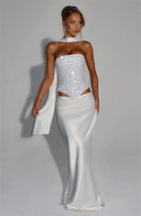 Elegant Sequins Sparkle Scarf Collar Crop Tops And Maxi Skirt Club Party Satin Skirt Matching Set