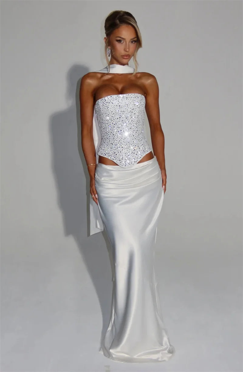 Elegant Sequins Sparkle Scarf Collar Crop Tops And Maxi Skirt Club Party Satin Skirt Matching Set