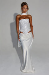 Elegant Sequins Sparkle Scarf Collar Crop Tops And Maxi Skirt Club Party Satin Skirt Matching Set