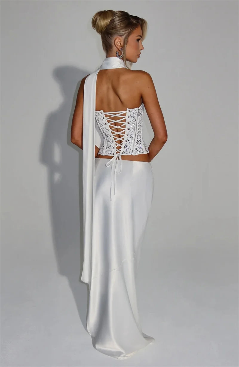 Elegant Sequins Sparkle Scarf Collar Crop Tops And Maxi Skirt Club Party Satin Skirt Matching Set