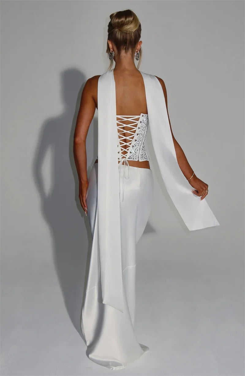 Elegant Sequins Sparkle Scarf Collar Crop Tops And Maxi Skirt Club Party Satin Skirt Matching Set