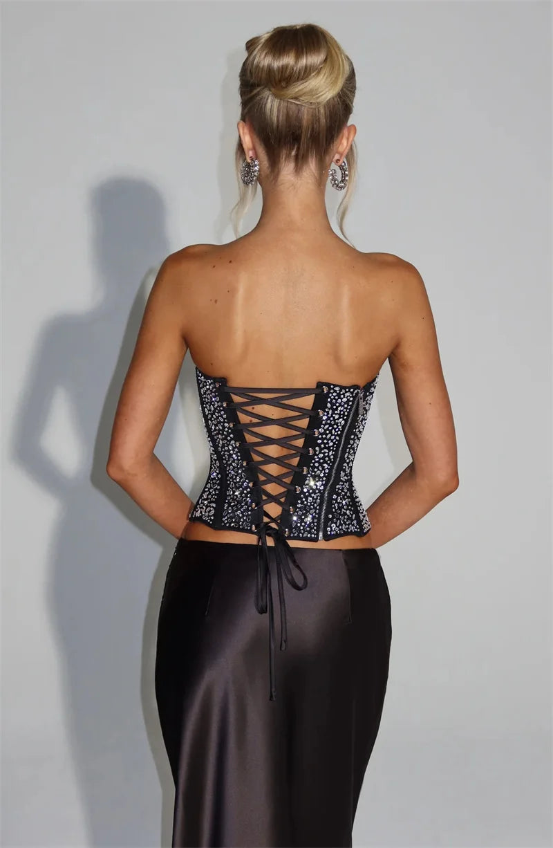 Elegant Sequins Sparkle Scarf Collar Crop Tops And Maxi Skirt Club Party Satin Skirt Matching Set