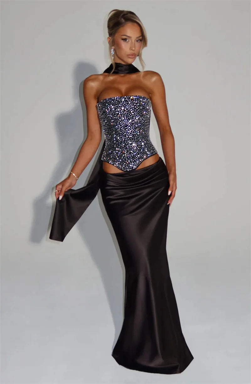 Elegant Sequins Sparkle Scarf Collar Crop Tops And Maxi Skirt Club Party Satin Skirt Matching Set