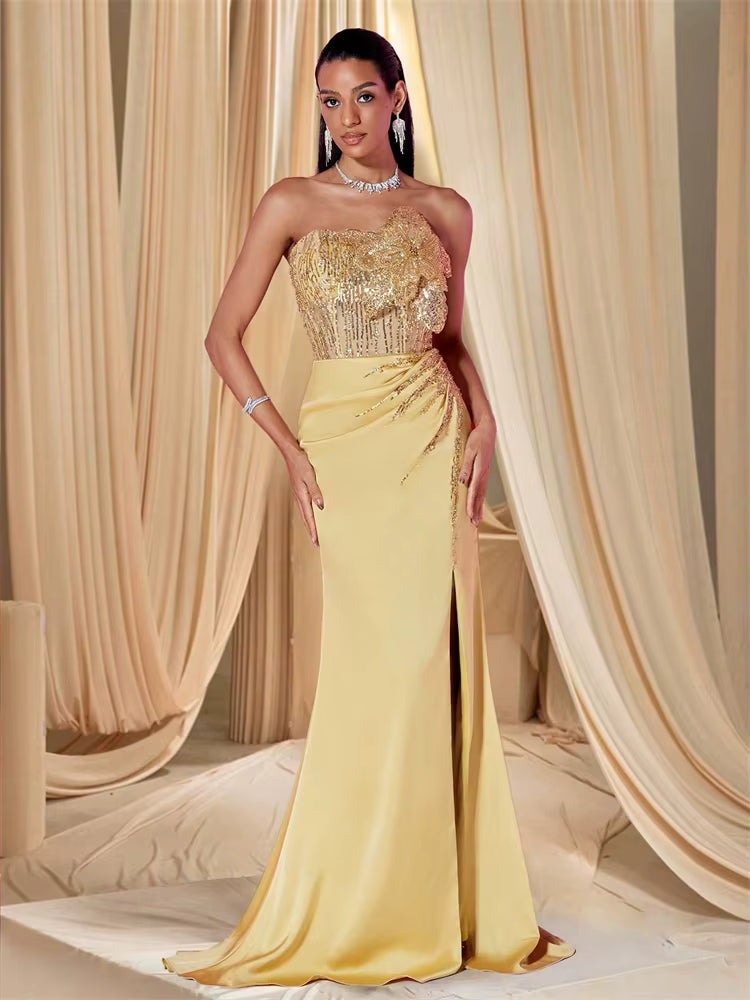Elegant Sequins Split Floor-Length Sequin sleeveless Flower Gowns