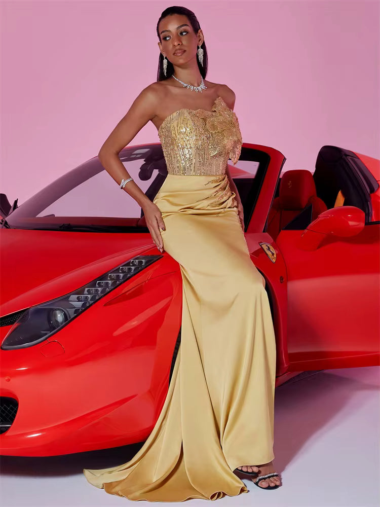 Elegant Sequins Split Floor-Length Sequin sleeveless Flower Gowns