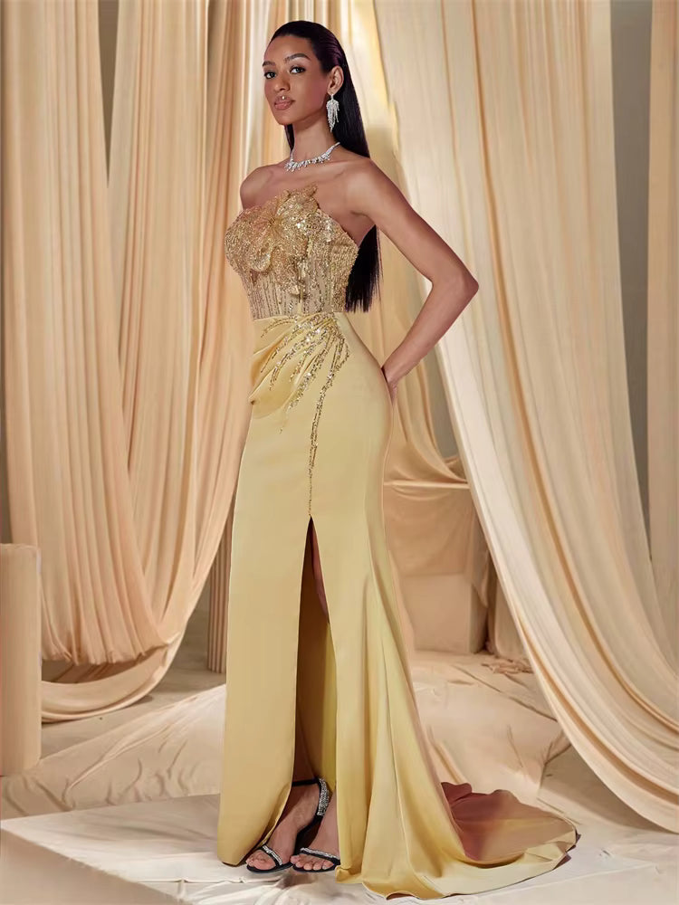 Elegant Sequins Split Floor-Length Sequin sleeveless Flower Gowns