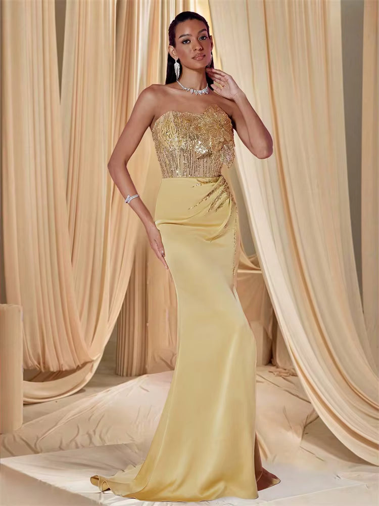 Elegant Sequins Split Floor-Length Sequin sleeveless Flower Gowns