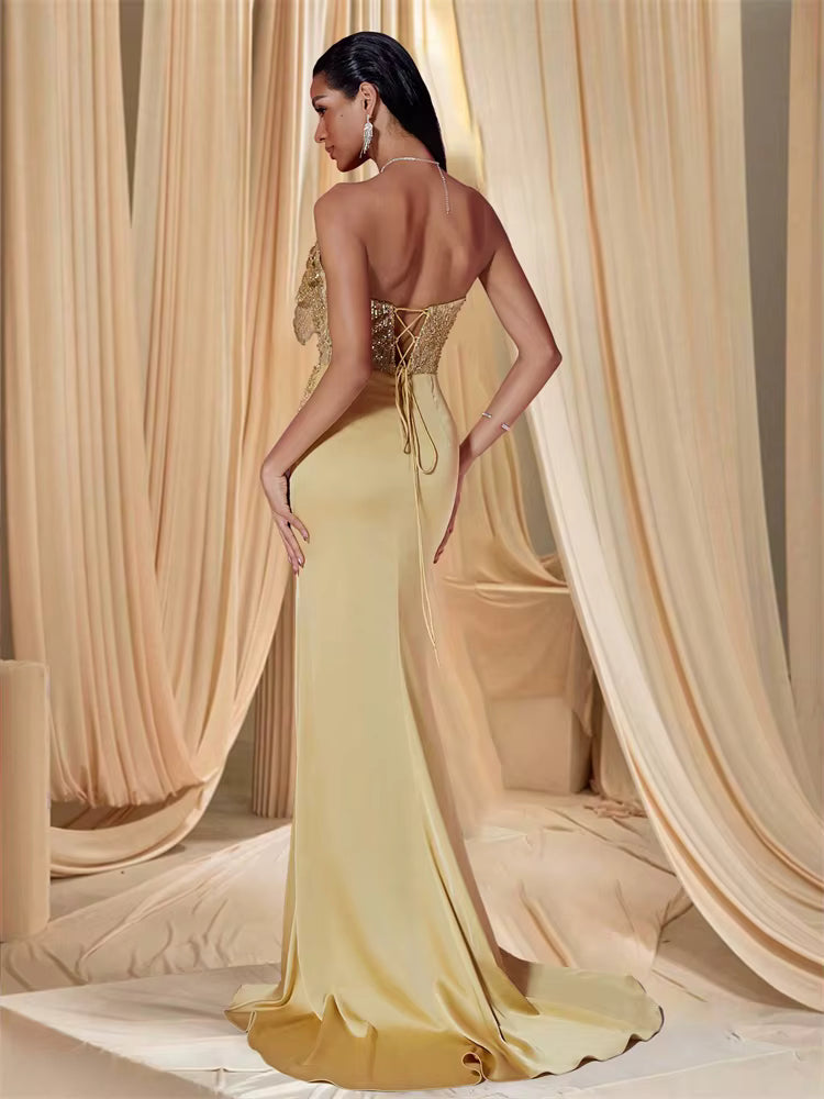 Elegant Sequins Split Floor-Length Sequin sleeveless Flower Gowns