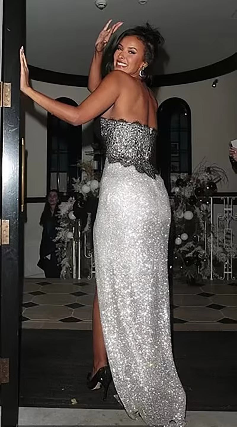 Elegant Sequins Strapless Thigh Slit Club Party Maxi Dress