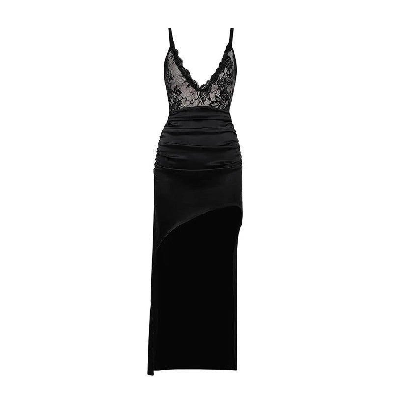Elegant Evening Party Spaghetti Strap Lace Deep V Club Midi Dress